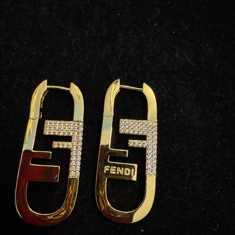 Fendi FF Elegant Gold Earrings with Crystal Accents - Picture 2 of 5